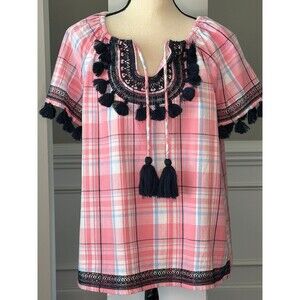 Crown & Ivy Short Sleeve Pink Plaid Cotton Top w/Embroidery and Tassels Sz M